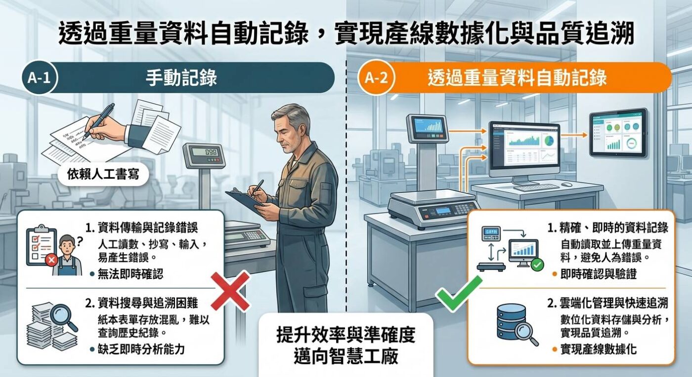 透過重量資料自動記錄,實現產線數據化與品質追溯 1 透過重量資料自動記錄,實現產線數據化與品質追溯(示意圖)