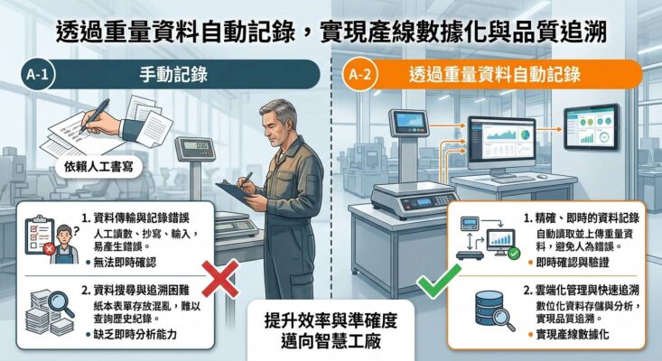 透過重量資料自動記錄，實現產線數據化與品質追溯(示意圖)